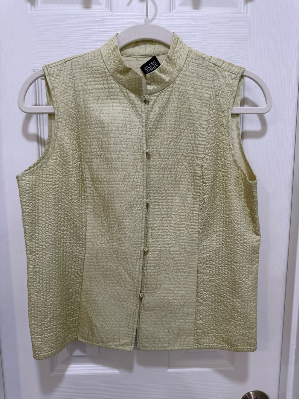 Eileen Fisher Quilted Tussah Silk Celery Mandarine Collar Vest Size PM